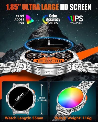 Military Smart Watches for Men with Bluetooth Call, 1.85" HD Screen Waterproof smartwatch with Flashlight, 114 Sport Modes, 730mAh Heart Rate/SpO2/Sleep Monitor Fitness Tracker for iOS Android in Kuwait