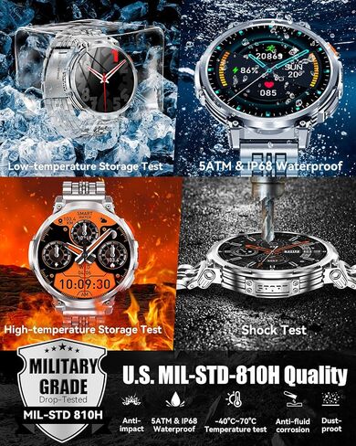 Military Smart Watches for Men with Bluetooth Call, 1.85" HD Screen Waterproof smartwatch with Flashlight, 114 Sport Modes, 730mAh Heart Rate/SpO2/Sleep Monitor Fitness Tracker for iOS Android in Kuwait