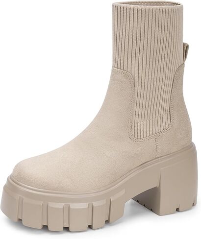 FITORY Women's Ankle Boots Comfy Chelsea Mid Heel Elastic Chunky Heel Lug Sole Booties Size 6-11 in Saudi Arabia