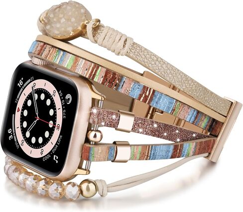 سوار Beaded Beded Beded Boho متوافق مع Apple Watch Band 40mm/38mm/41mm Series 10 9 8 7 SE Series 6/5/4 Women Leather Fashion Cute Handmade MultiLayer Wrap Strap for Iwatch Bands 3/2/1 in Kuwait