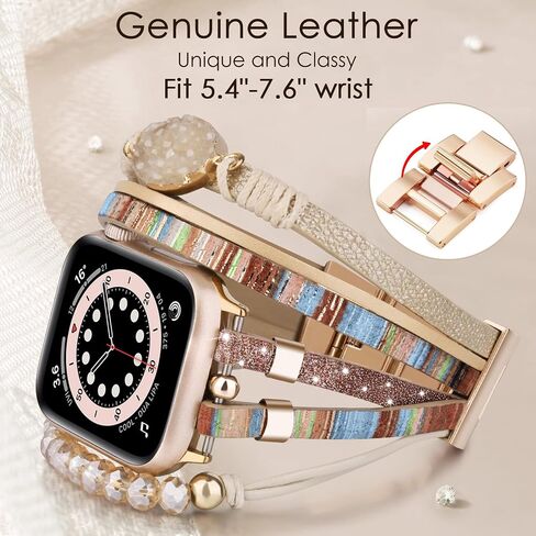 سوار Beaded Beded Beded Boho متوافق مع Apple Watch Band 40mm/38mm/41mm Series 10 9 8 7 SE Series 6/5/4 Women Leather Fashion Cute Handmade MultiLayer Wrap Strap for Iwatch Bands 3/2/1 in Kuwait
