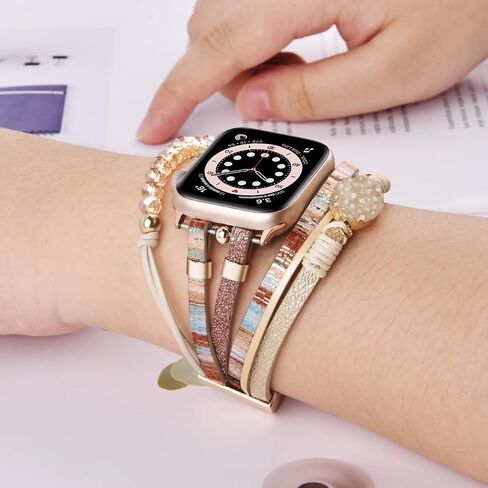 سوار Beaded Beded Beded Boho متوافق مع Apple Watch Band 40mm/38mm/41mm Series 10 9 8 7 SE Series 6/5/4 Women Leather Fashion Cute Handmade MultiLayer Wrap Strap for Iwatch Bands 3/2/1 in Kuwait