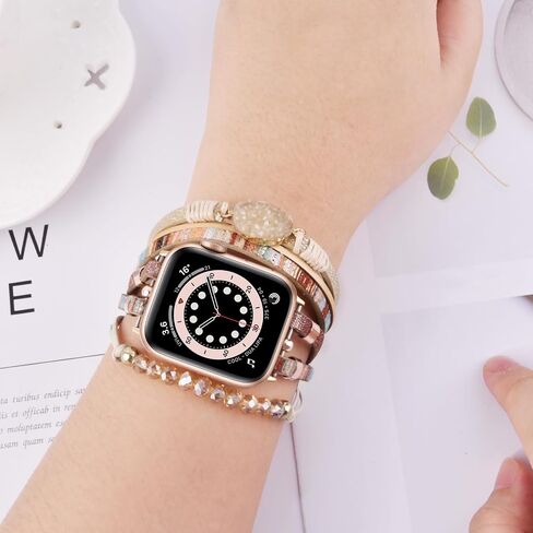 سوار Beaded Beded Beded Boho متوافق مع Apple Watch Band 40mm/38mm/41mm Series 10 9 8 7 SE Series 6/5/4 Women Leather Fashion Cute Handmade MultiLayer Wrap Strap for Iwatch Bands 3/2/1 in Kuwait