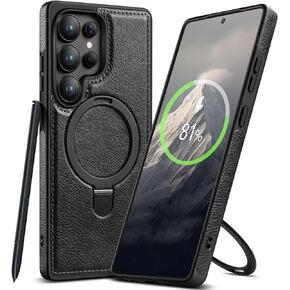 مغناطيسي لـ Samsung Galaxy S25 Ultra Leather Case ، موقف غير مرئي [متوافق مع Magsafe] Slim Kickstand Phone Cove لـ Samsung S25 Ultra Case (Brown ، S25 Ultra)