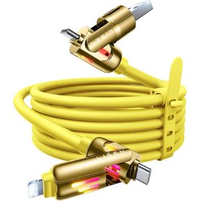 LISEN 240W CHUBBY USB C Cable ، 4 في 1 كابل شحن (6.6 قدم) مع الضوء ، كابل USB A/C إلى C/L لشحن iPhone 16 15 14 Pro Max/MacBook/iPad Pro/Samsungs24 ، الأصفر