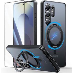 Jueshituo 3 في 1 لحالة Samsung Galaxy S25 Ultra ، [غير الصفراء] 360 درجة من الحلقات المغناطيسية القابلة للتدوير مع [صوت التخميد الدوار] [واقي شاشة 1x] غطاء الهاتف ، واضحة