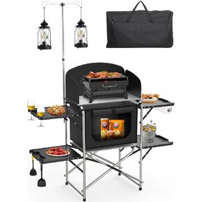 Camping Table, Camping Kitchen Table, Folding Camping Table with Storage Bag, 3 Multifunctional Storage Cupboards & Windshield Cooking Station, for BBQ, Picnic, Cooking