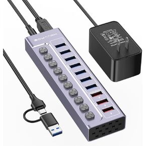 محرك USB 3.0 مدعوم من 10 منفذ USB HUB الفاصل مع مفاتيح ومؤشرات فردية ، 7 منافذ نقل البيانات USB 3.0 ، 3 2.4A منافذ شحن ذكية + 12V3A UL محول الطاقة المدرجة