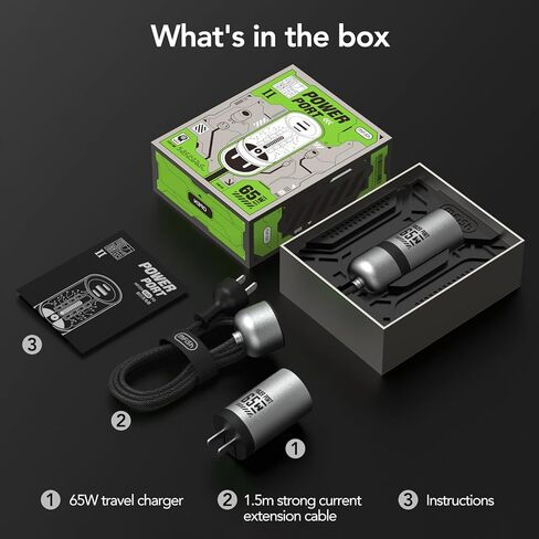 65W GAN CHARGER FAST WALL CHARGER مع 2 منافذ USB-C & 1 USB-A ، محول امتداد النايلون بطول 5 أقدام-شحن عالي السرعة لأجهزة iPhone و iPad و MacBook و Samsung Galaxy والمزيد من الأجهزة (Black & Green) in Kuwait