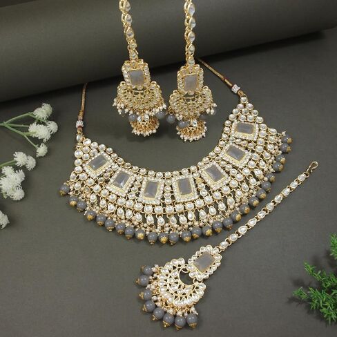 مجموعة قلادات زفاف هندية أنيقة من I Jewels مرصعة بلؤلؤ بوليوود ولؤلؤ كوندان in Kuwait