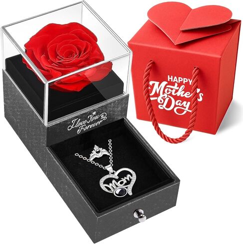 Premium Preserved Forever Rose with I Love You Necklace & Ring - Cute Valentine Gift for Her - Anniversary Birthday Gifts for Women, Wife, Mom Who Has Everything - Best I Love You Gift For Girlfriend in Kuwait