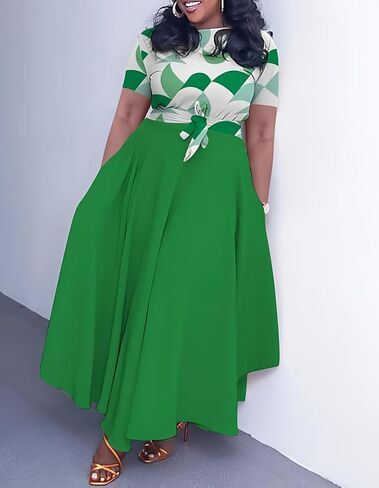 Women Plus Size Formal A Line Maxi Dress Self Tie Waist with Pockets Elegant Round Neck Swing Long Dresses in Saudi Arabia