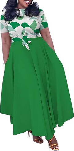 Women Plus Size Formal A Line Maxi Dress Self Tie Waist with Pockets Elegant Round Neck Swing Long Dresses in Saudi Arabia