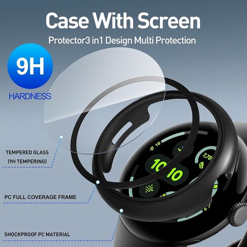 سومان 4 عبوات لـ Google Pixel Watch 3 45 ملم ، واقي شاشة زجاجية HD ، و Groud Cover Cover Cover Cover All-Round Glossy Cover （Black+Gun Color+Silver+Clear） in Kuwait