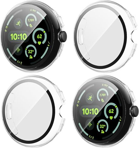 سومان 4 عبوات لـ Google Pixel Watch 3 45 ملم ، واقي شاشة زجاجية HD ، و Groud Cover Cover Cover Cover All-Round Glossy Cover （Black+Gun Color+Silver+Clear） in Kuwait