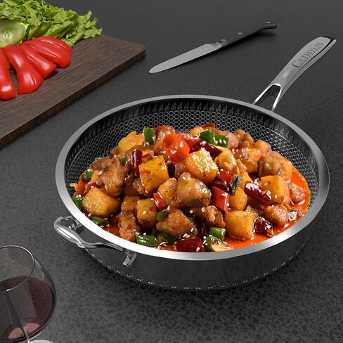 316L من الفولاذ المقاوم للصدأ 7QT مقلاة المقلاة Noncstick Wok مع غطاء ، مقبض واحد لعقد ، PFOA خالية من فرن غسالة الصحون آمنة (مقبض 7QT/واحد) in Kuwait