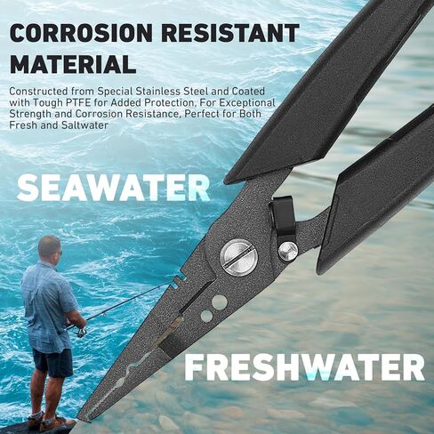Golden J Teflon Fishing Pliers, Multi-Function Hook Remover-Long Nose Pliers, Braided Line Cutter Saltwater Resistant Fishing Gear, For Deep-Sea Fishing, Ice Fishing, Surf Fishing, Ideal for Anglers in Kuwait