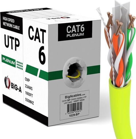 Big-A - Cat6 Plenum Cable 1000ft, Cat 6 Ethernet Cable (CMP) 10 Gigabit Solid Network Cable, 550MHz Cat 6 Ethernet Cord, Unshielded Twisted Pair (UTP) - Green in Kuwait