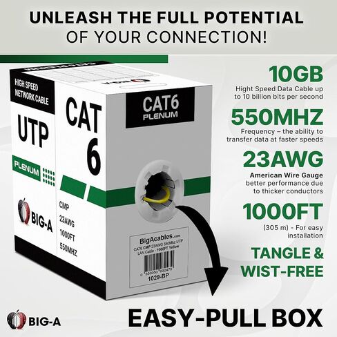 Big-A - Cat6 Plenum Cable 1000ft, Cat 6 Ethernet Cable (CMP) 10 Gigabit Solid Network Cable, 550MHz Cat 6 Ethernet Cord, Unshielded Twisted Pair (UTP) - Green in Kuwait