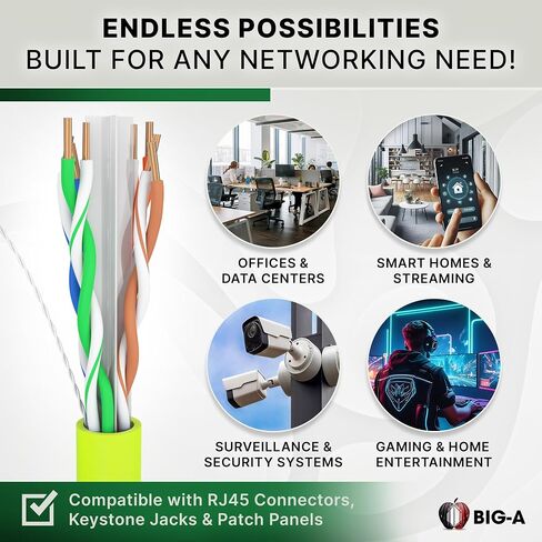 Big-A - Cat6 Plenum Cable 1000ft, Cat 6 Ethernet Cable (CMP) 10 Gigabit Solid Network Cable, 550MHz Cat 6 Ethernet Cord, Unshielded Twisted Pair (UTP) - Green in Kuwait