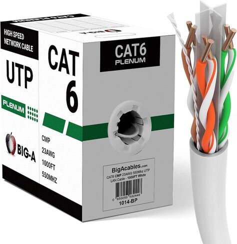 Big-A Cat 6 Plenum Ethernet Cable 1000ft White, Cat6 CMP Cable 550MHz, Bulk Ethernet Cable UTP, 23AWG Solid Network Cable, 10 Gigabit, Pull Box in Saudi Arabia