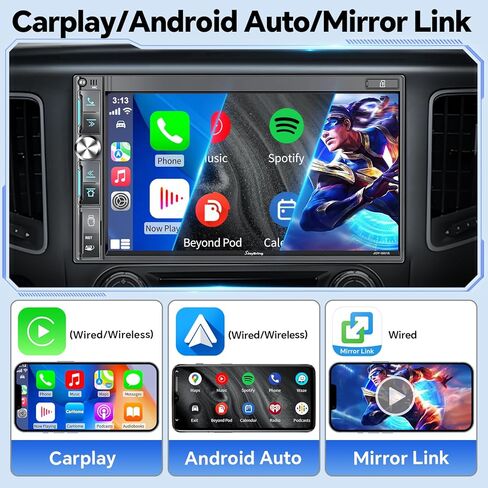 استريو مزدوج سيارة Din Din مع Carplay Apple اللاسلكي و Android Auto ، Bluetooth 5.3 تشغيل السيارة ، MirrorLink ، 7 "HD شاشة اللمس ، الكاميرا الاحتياط in Kuwait