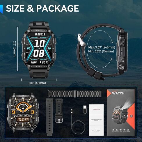 ساعة ذكية عسكرية للرجال الذين يعانون من مصباح LED Watch 2.0 '' Big Screen Smart -Watch 430mAh Big Battery Fitness Tracker مع شاشة نوم ضربات نبضات ، قم بإجراء مكالمات لـ iPhone Android (أسود) in Saudi Arabia