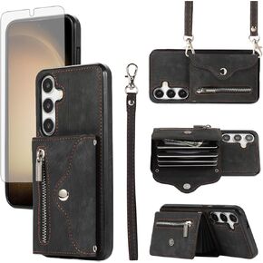 Asuwish Phone Case for Samsung Galaxy A35 5G Wallet Cover and Tempered Glass Screen Protector with Wrist Crossbody Strap Lanyard Credit Card Holder Stand Leather Cell A 35 35A A355G Women Men Red