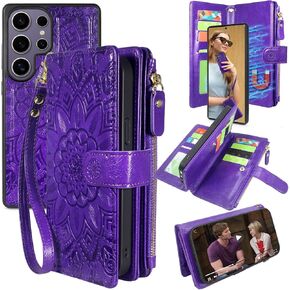 Harryshell متوافق مع Samsung Galaxy S25 محفظة Ultra Wallet Cover قابلة للفصل مع Zipper Coin Coin Pocket Multi Slots Slots Slots Strap Lanyard 6.9 Inch (Ploral Purple)
