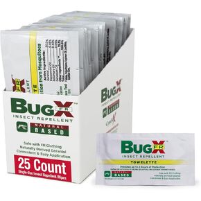 مناديل طاردة للحشرات خالية من الديت من Bug X FR (25 قطعة) - مناديل طاردة لزيت إبرة الراعي مشتقة طبيعيًا للحماية من البعوض والقراد