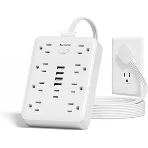 Ultra Thin Flat Plud Surge Overload Protector Power Bower Strip Outlet مع 8 منافذ طاقة AC 6 USB (2 USB C) لضروريات سفر المكتب المنزلي 15A 1875W UL
