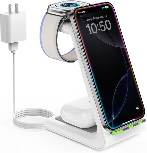 3 in 1 Wireless Charging Station, Wireless Charger Stand for Multiple Apple Devices, Wireless Charger for iPhone 16 15 14-11 Pro Max XS XR 8, Apple Watch 9 8 7 6 SE 5 4 3 2, Air Pods 3/2/Pro in Kuwait