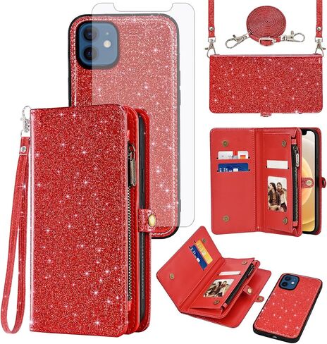 Asuwish Phone Case for iPhone 12 Mini 5.4 محفظة سستة قابلة للفصل مع غطاء خلية قابلة للانفصال مع حزام الشاشة الزجاجي المحفوظات الحزام in Saudi Arabia