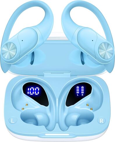 سماعات Pocbuds Bluetooth سماعات الأذن اللاسلكية 80 ساعة وقت الشحن اللاسلكي الشحن الرقمي عرض براعم الأذن الرياضية مع Earhook Deep Bass IPX7 مقاوم للماء سماعات الأذن للهاتف Mint Mint Green in Kuwait