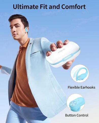 سماعات Pocbuds Bluetooth سماعات الأذن اللاسلكية 80 ساعة وقت الشحن اللاسلكي الشحن الرقمي عرض براعم الأذن الرياضية مع Earhook Deep Bass IPX7 مقاوم للماء سماعات الأذن للهاتف Mint Mint Green in Kuwait