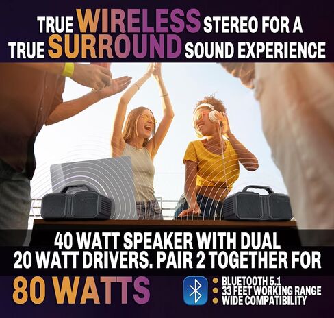 SANTANA BY CARLOS SANTANA Samba 40W High-Power Bluetooth Speaker with 48mm Drivers, Isolated Subwoofer, IP67 Waterproof, True Wireless Surround Sound, 20+ Hours Battery Life | Black | 2 Pack in Kuwait