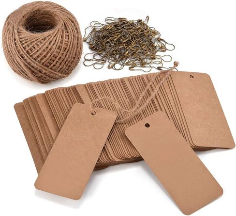 200 قطعة من علامات الأسعار مع سلسلة الجوت المقطوعة مسبقًا ودبابيس الأمان، علامات ورقية بيضاء فارغة قابلة للطباعة من LOOMY للبيع بالتجزئة والعرض in Kuwait