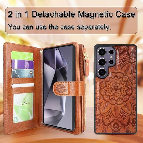 Harryshell Compatible with Samsung Galaxy S25 Ultra Wallet Case Detachable Phone Cover with Zipper Cash Coin Pocket Multi Card Slots Holder Wrist Strap Lanyard 6.9 inch (Floral Purple) in Kuwait