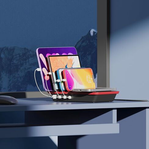 Charging Station for Multiple Devices, 85W 4 Ports Charger Station with Powerful 18W PD USB C Ports, 15W QI Wireless Charger and 3 USB 5V / 4.8A Charging Ports Compatible with iPhone iPad, Tablets in Kuwait