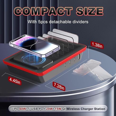 Charging Station for Multiple Devices, 85W 4 Ports Charger Station with Powerful 18W PD USB C Ports, 15W QI Wireless Charger and 3 USB 5V / 4.8A Charging Ports Compatible with iPhone iPad, Tablets in Kuwait