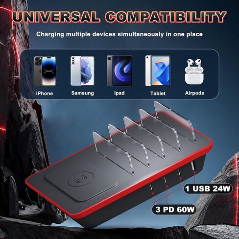 Charging Station for Multiple Devices, 85W 4 Ports Charger Station with Powerful 18W PD USB C Ports, 15W QI Wireless Charger and 3 USB 5V / 4.8A Charging Ports Compatible with iPhone iPad, Tablets in Kuwait