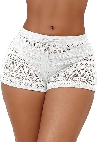 WDIRARA Women's Crochet Shorts Cover Up Hollow Out Drawstring Waist Tie Front Beachwear Beach Shorts in Kuwait