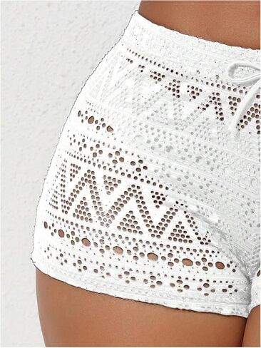 WDIRARA Women's Crochet Shorts Cover Up Hollow Out Drawstring Waist Tie Front Beachwear Beach Shorts in Kuwait