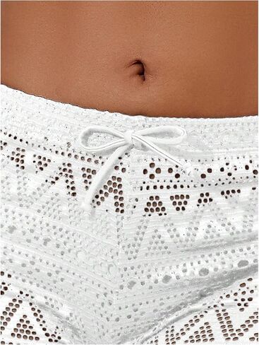 WDIRARA Women's Crochet Shorts Cover Up Hollow Out Drawstring Waist Tie Front Beachwear Beach Shorts in Kuwait