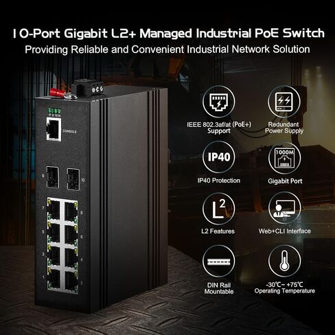 Binardat 10 Port Gigabit L2+ Managed Industrial DIN-Rail Switch, 8 Gigabit Ethernet Ports, 2 Gigabit SFP, Vlan|Route|Ring|ACL|Qos Web/Console Managed in Saudi Arabia