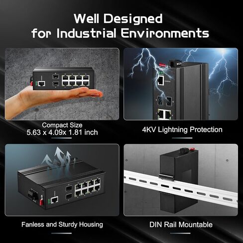 Binardat 10 Port Gigabit L2+ Managed Industrial DIN-Rail Switch, 8 Gigabit Ethernet Ports, 2 Gigabit SFP, Vlan|Route|Ring|ACL|Qos Web/Console Managed in Saudi Arabia