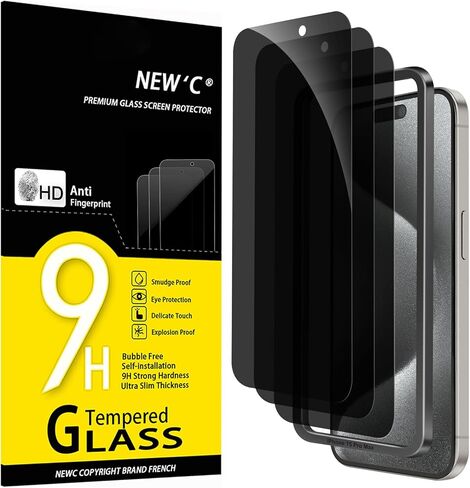 New'c 3 Pack Priven Screen Protector لـ iPhone 16،15 (6.1 بوصة) ، فيلم زجاجي مضاد للتجسس ، ومقاومًا فائقًا ودود مع أداة التثبيت السهلة in Kuwait