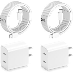 10FT Dual USB-C Fast Charger for iPhone 16/15 Series,Double Type C Charging Block with 2Pack 10FT USB C to USB C Cable for iPad 10th Gen, iPad Pro 12.9/11inch(2022/2021/2020)/Air 4th/5th/Mini 6, 2Pack
