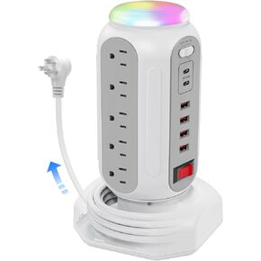 برج الطاقة PD30W مع واقي الطفرة ، سلك التمديد القابل للسحب 6.5 قدم ، 15 منفذ AC Tower 6 USB (4 USB-A ، 2 USB-C) للمكتب المنزلي (أبيض)