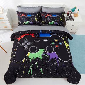 KAKKI 5 Piece Boys Queen Gamer Comforter Set with Sheets, 3D Colorful Video Game Controller Comforter for Kids Teen, All Season Soft Microfiber Gaming Bedding Set(White,Queen)